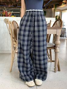 FRIFUL Women's Spring/Summer Plaid Waistband Contrast Lace Drawstring Loose Casual Versatile Pants - Multicolor - View 3