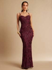 Fitted Strappy Dress With 3D Floral Print - Burgundy - View 4