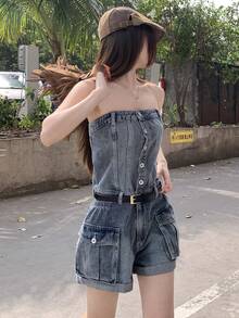 DAZY Women's Washed Denim Jumpsuit, Casual Street Music Festival Tube Top Overalls - Medium Wash - View 8