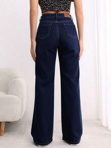 Jeans Amplios de Cintura Alta de Color Azul Oscuro para Mujer, Pantalones Simples y Retro - Azul lavado oscuro - Ver 3