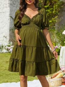 SHEIN 时尚孕妇褶皱连衣裙 - 軍綠色 - 查看 5