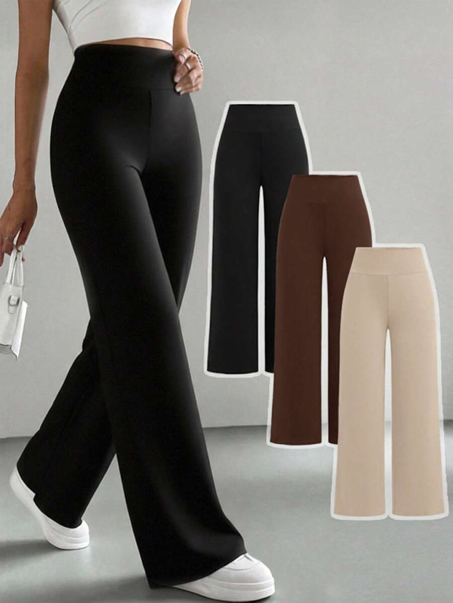 SHEIN Girlism 3件套少女高腰针织紧身/阔腿裤,黑色/棕色/米色,百搭舒适休闲家居裤,秋冬款 - 杏色 - 查看 1
