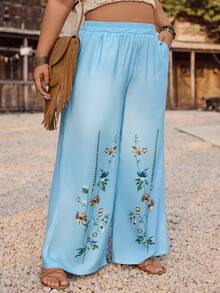 SHEIN LUNE Women's Blue Plus Size Straight Leg Pants Boho Style With Pockets And Long Floral Plant Print Design - Blue - View 5