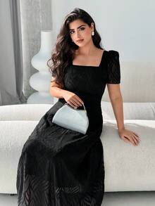 Modelyn Đầm nữ màu trơn cổ vuông tay ngắn dáng suông thanh lịch, dài đến đầu gối, thích hợp cho mùa hè. - màu đen - Xem 7
