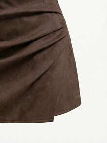 Franclia 1 Set Fashion Off-Shoulder Ruched Short Sleeve Slim Fit T-Shirt + Stylish Suede Irregular Skort, High Waist Flattering Bodycon Pleated Two Pieces Outfit, Spring/Summer - Apricot - View 6