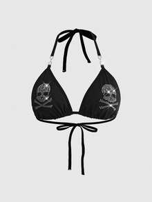 ROMWE Plus Size Gothic Skull Rhinestone Trim Star Pendant Accessory, Choker Necklace, Bralette - Black - View 1