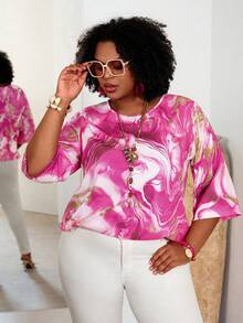 EMERY ROSE Plus Size Elegant All-Over Print Loose Round Neck 3/4 Sleeve Shirt,Going Out Tops - Hot Pink - View 3
