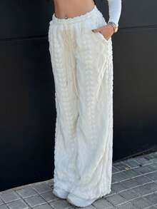 Bearsaez 女式米色仿皮草内衬抽绳保暖裤，秋冬 - 米色 - 查看 5