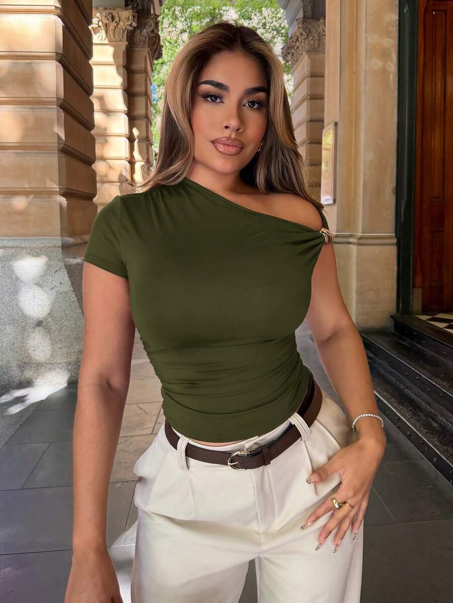 Maria Perezxox Áo hở vai lệch vai tối giản, thanh lịch, gợi cảm dành cho nữ, áo cánh đa năng, thường ngày cho mùa hè - xanh quân đội - Xem 1