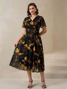 Chikora Đầm thanh lịch cỡ lớn dành cho nữ, phù hợp công sở, đầm lưới, đầm co giãn, đầm tay ngắn, đầm - Màu vàng - Xem 3