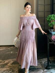 DAZY Women's Summer Off Shoulder Short Sleeve Waist Cinched Elegant Long Dress Sundress - Pink - View 6
