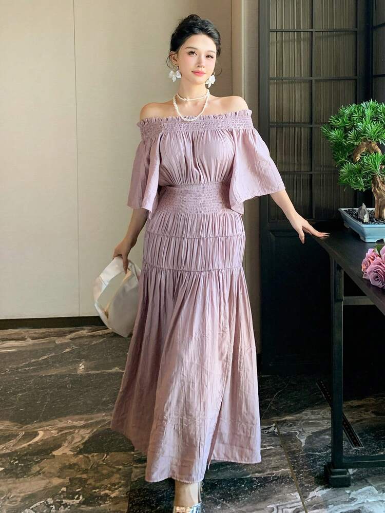 Women's Summer Off Shoulder Short Sleeve Waist Cinched Elegant Long Dress Sundress