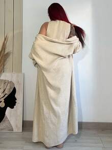 Bearsaez Elegant Solid Color Cross Neck Minimalist Niche Design Casual Knit Set, Bodycon Halter Neck Dress, Solid Color Long Minimalist Vintage Style Cardigan, Suitable For Commuting And Outings, Christmas - Apricot - View 2