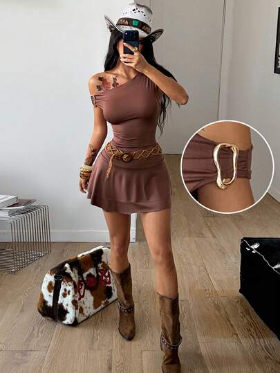 Coolane Vestido mini de hombros descubiertos elástico para uso diario, casual y de vacaciones, con estilo callejero y Y2K para mujer