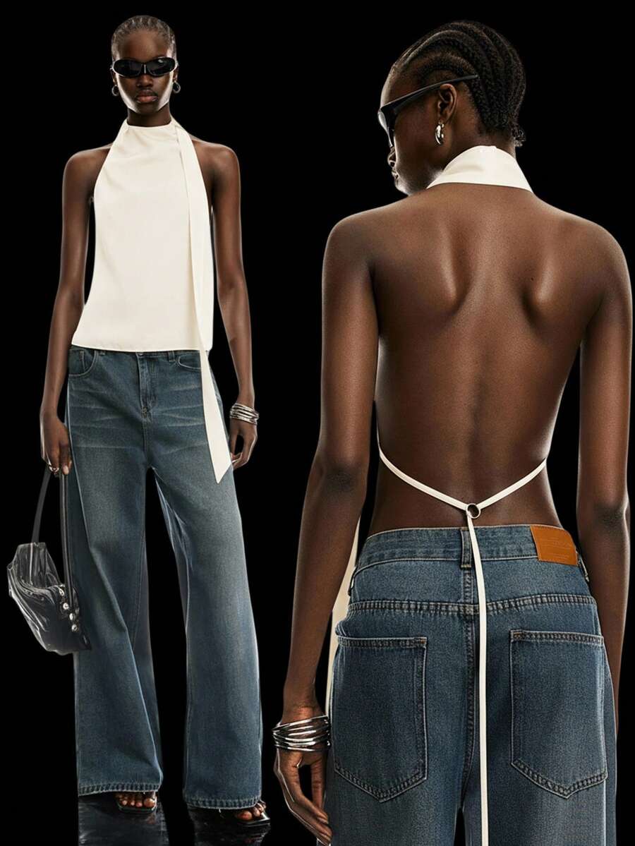 LYSMO Áo kiểu satin cổ yếm xếp ly dành cho nữ, thiết kế thắt khăn điều chỉnh được, hở lưng, hàng mới về năm 2025, phong cách tiên phong, cá tính. - Vàng nhạt - Xem 1