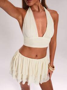 SHEIN BAE Damen Lässig Urlaubs Geraffter Neckholder Top kombiniert mit Mini Cake Mini Rock (mit Shorts Futter), geeignet für Strandurlaub, Ausflug mit Schwester, romantisches Date, gelbes 2-teiliges Set, Urlaubs 2-teiliges Set, Musikfestival, Y2K, praktisches 2-teiliges Set - Hellgelb - Übersicht 5