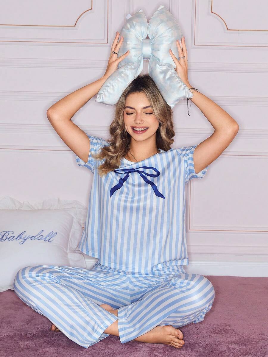 SHEIN Pink Striped Bow Print Short Sleeve & Pants Women Pajama Set Babydoll Pajama Set Sleep Wear Women 2 Piece Set Bow Pajama Set Sleepwear Sets Light Blue Pj Set - Multicolor - View 1