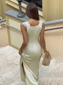 Aloruh 女式派对舞会礼服，低胸杏色拼接连衣裙 - 杏色 - 查看 7