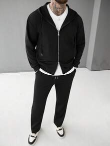 Manfinity CasualCool 男士连帽抽绳拉链黑色休闲外套套装 - 黑色 - 查看 3