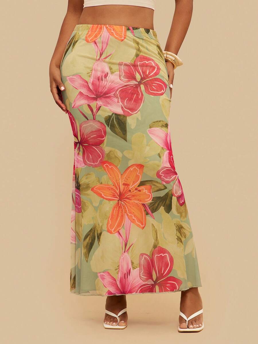 Travachic Plus Size Knitted Mesh Printed Low Waisted Bodycon Mermaid Hem Women Skirt,Bohemia - Multicolor - View 1