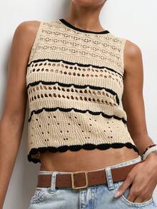 Maija Women's Hollow-Out Casual Elegant Knit Vest Beach Outfit Holiday Outfits - Khaki - View 2