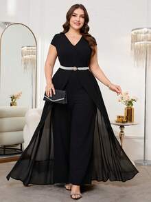 SHEIN Clasi 大码女式优雅简约纯色V领蝙蝠袖露背阔腿连体裤，不含腰带，春夏款 - 黑色 - 查看 6