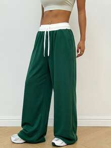 Dewbera Dewbera Loose Fit Contrast Color Drawstring Waist Slant Pocket Wide Leg Yoga Pants - Dark Green - View 4