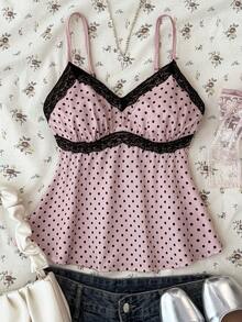 SHEIN 少女黑白波点蕾丝吊带背心，优雅白色蕾丝边吊带背心，适合夏季、度假、休闲、居家穿着，BM风格 - 粉色 - 查看 1