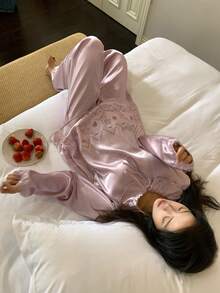 DAZY 2pcs Cute Cat Pattern Loose Fit Shirt Collar Long Sleeve Top And Pants Women Pajama Set, Spring - Pink - View 3