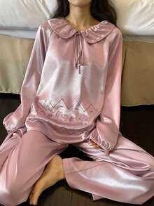 DAZY 2pcs Cute Cat Pattern Loose Fit Shirt Collar Long Sleeve Top And Pants Women Pajama Set, Spring - Pink - View 5