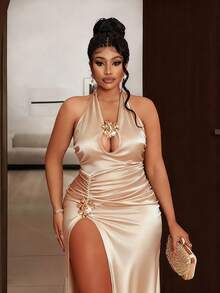 Maweii Plus Size Women's Elegant Party Dress, Suitable For Celebrations, Sisters' Gatherings, Christmas, New Year, Back To School Parties. Metal Buckle Decor, Tie-Up Neck, Waist Ruching For Slimming Effect, Chest Cutout Design, Leg Slit For High-End Look - Brown - View 5