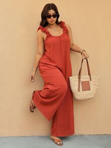 Elaquor 大码休闲纯色露背阔腿连体裤 - 紅木色 - 查看 4