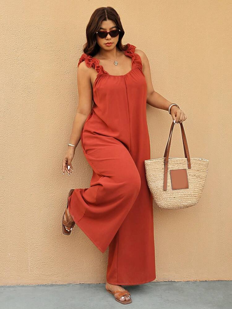 Elaquor Plus Size Casual Solid Color Backless Wide Leg Jumpsuit - Redwood - View 4