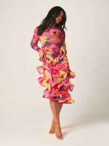 MISSGUIDED Women's Pink Floral Floral Printed Ruffle Midi Skirt With Tiered Frills And High Waist Design For Spring Summer Occasions Vacation Sexy - Multicolor - View 5