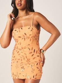 MISSGUIDED Beaded Sequin Mini Dress With Spaghetti Straps Bodycon Fit Party Evening Cocktail Formal Occasion Sparkle Embellished Sleeveless Orange Gold - Orange - View 6