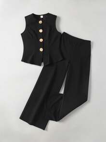 Maija Kids Maija Kids Tween Girls Sleeveless Top And Pants Set, Metal Button Closure, Elegant Retro Style - Black - View 1