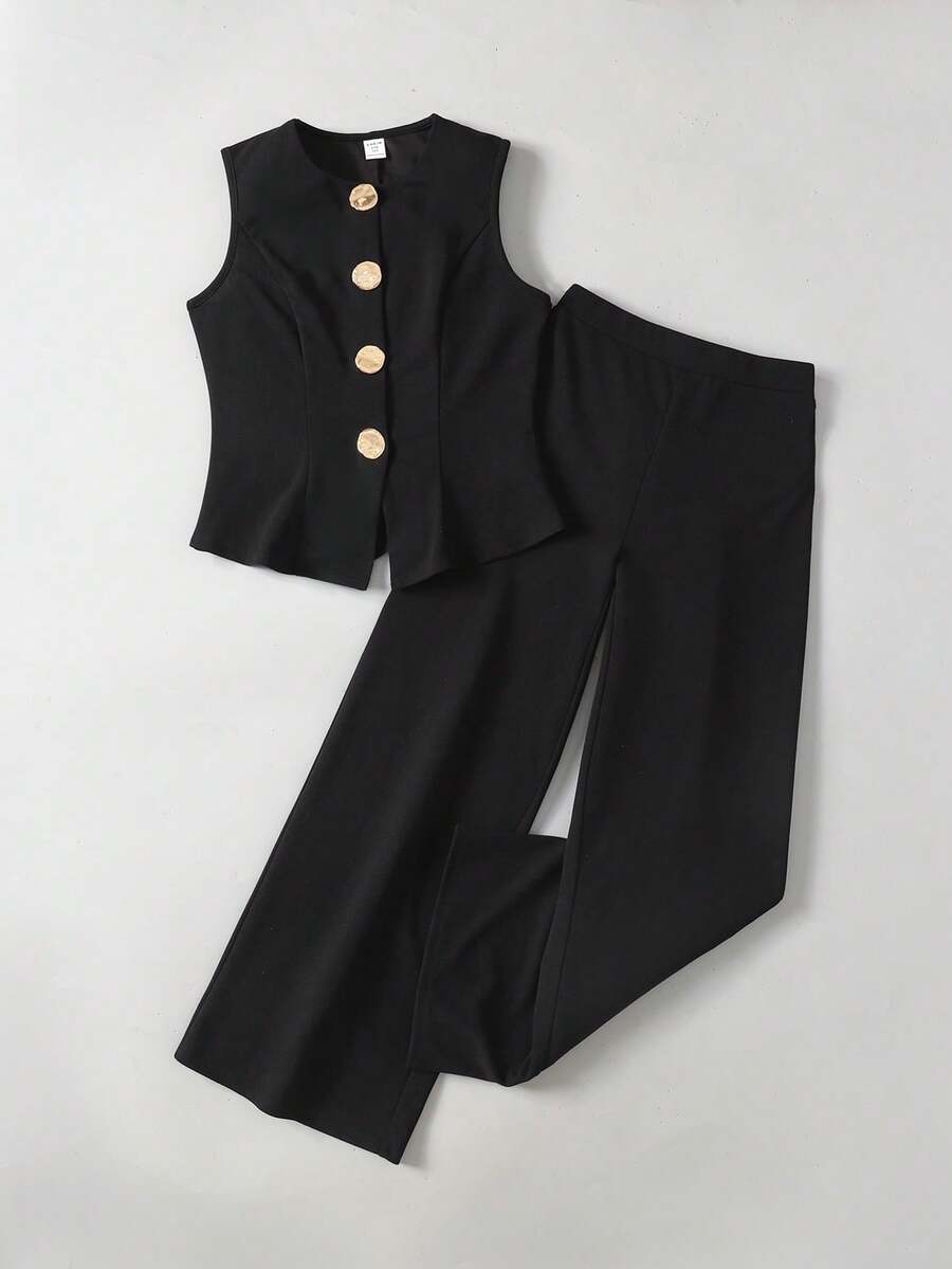 Maija Kids Maija Kids Tween Girls Sleeveless Top And Pants Set, Metal Button Closure, Elegant Retro Style - Black - View 1