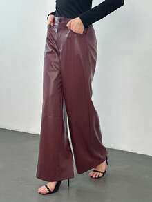 SHEIN Tall 女士酒红色皮质长裤，简约前开襟纽扣设计，日常休闲百搭，女士下装 - 酒紅色 - 查看 4