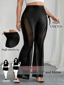 SHEIN Tall CURVE 大码女式纯色弹力腰网纱PU皮喇叭裤 - 黑色 - 查看 10