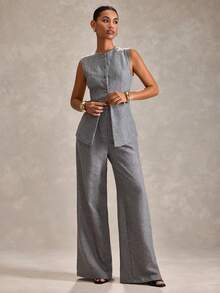 RueChic Women Two Pieces Button Detailed Vest And Wide Leg Pant Sets - Grey - View 5