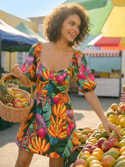 CAJUNI Banana Jungle Puff Sleeve Diamond Neck Fashion Colorful Resort Style Short Dress