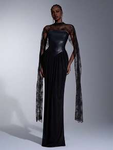 Elitara Robe élégante, luxueuse et polyvalente en patchwork , maille élastique, dentelle et froncée, avec manches amovibles à sequins et ourlet en queue de poisson. Convient pour les mariages, les fêtes, les vacances, les galas et les événements formels - Noir - Voir 6