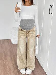 SHEIN 孕妇针织宽松直筒牛仔裤 - 卡其色 - 查看 5