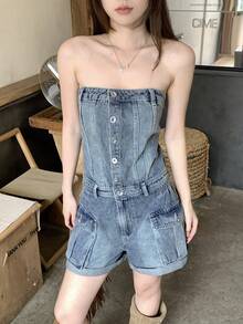DAZY Women's Washed Denim Jumpsuit, Casual Street Music Festival Tube Top Overalls - Medium Wash - View 6
