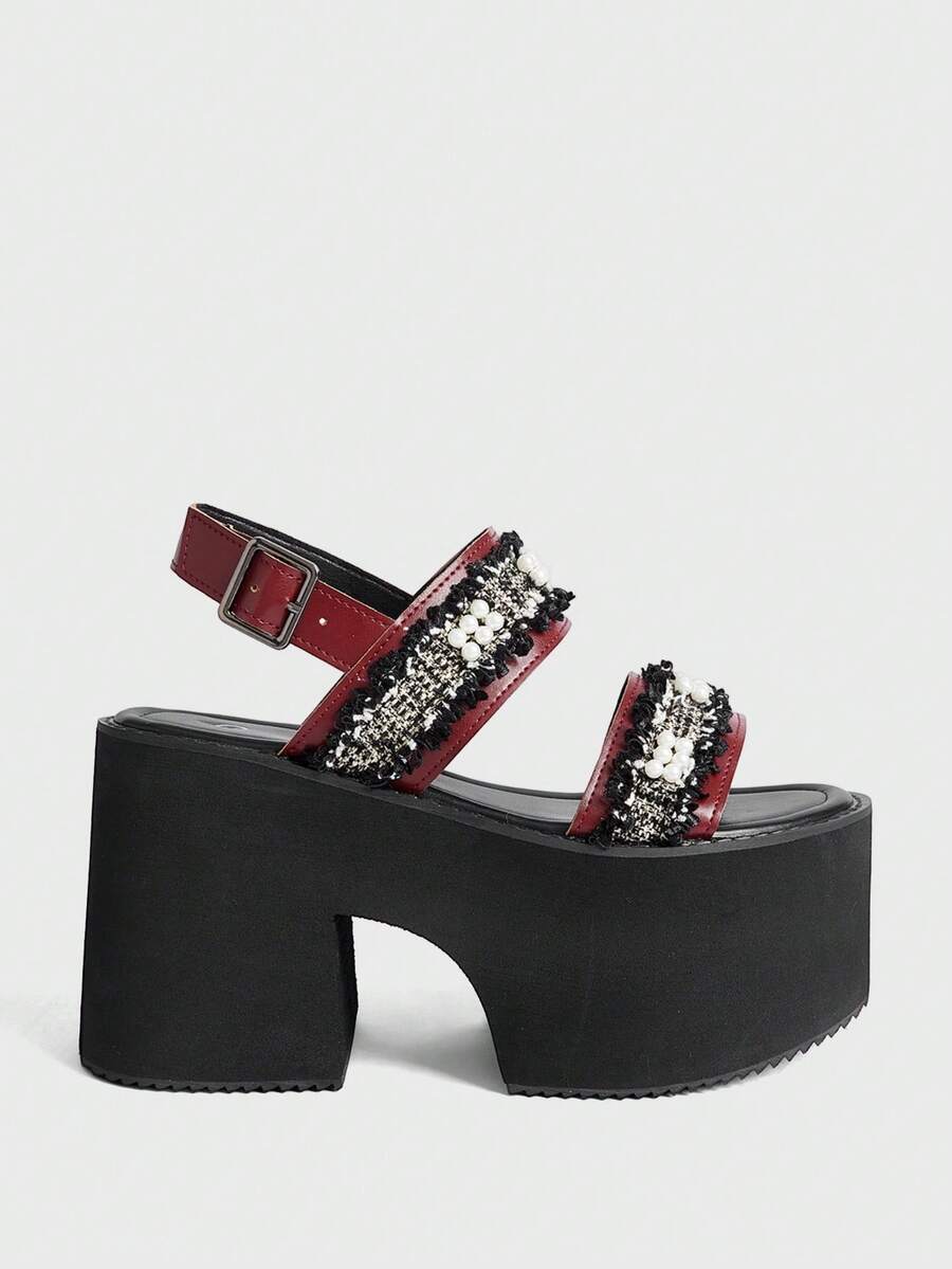 Sugerpunk Giày sandal đế xuồng phong cách punk gợi cảm và thanh lịch dành cho nữ, kiểu dáng Gothic với sọc ngọc trai, quai đôi, gót chunky kiểu La Mã, khóa kim loại co giãn ở mắt cá chân, hở mũi, thích hợp cho tiệc tùng, hộp đêm, lễ hội. - Màu Đỏ Sâu - Xem 1