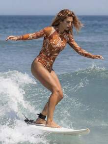 Swim SPRTY Women's All-Over Print Round Neck Long Sleeve Rashguard Top And Triangle Bottoms Set - Brown - View 7