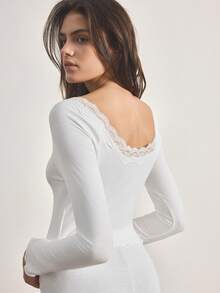 Ocili 2件套女士舒适棉质荷叶边长袖上衣和裤子睡衣套装，家居服 - 白色 - 查看 1