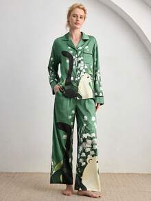 Ocili 女士丝滑缎面豹纹印花舒适宽松翻领贝壳纽扣长袖睡衣套装 - 墨綠色 - 查看 7