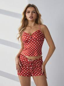 SHEIN 女士夏季波点印花荷叶边吊带背心和短裤睡衣套装 - 紅色 - 查看 3