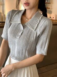 DAZY Women's Pearl Splice Short Sleeve Grey Knit Top - Grey - View 1